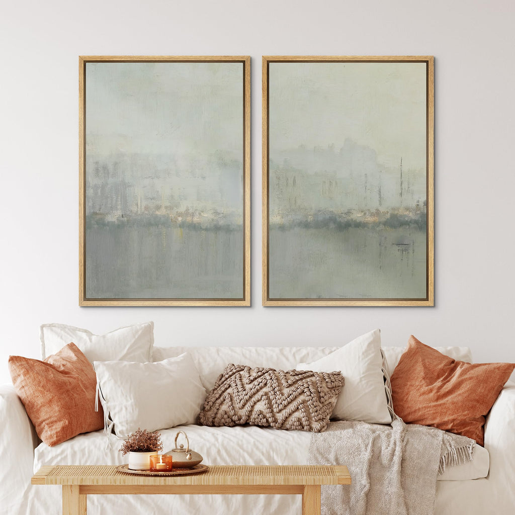 Framed Canvas Print Wall Set Abstract Skyline Cityscape in Muted Gray and Soft Blue Tones Illustrations Modern