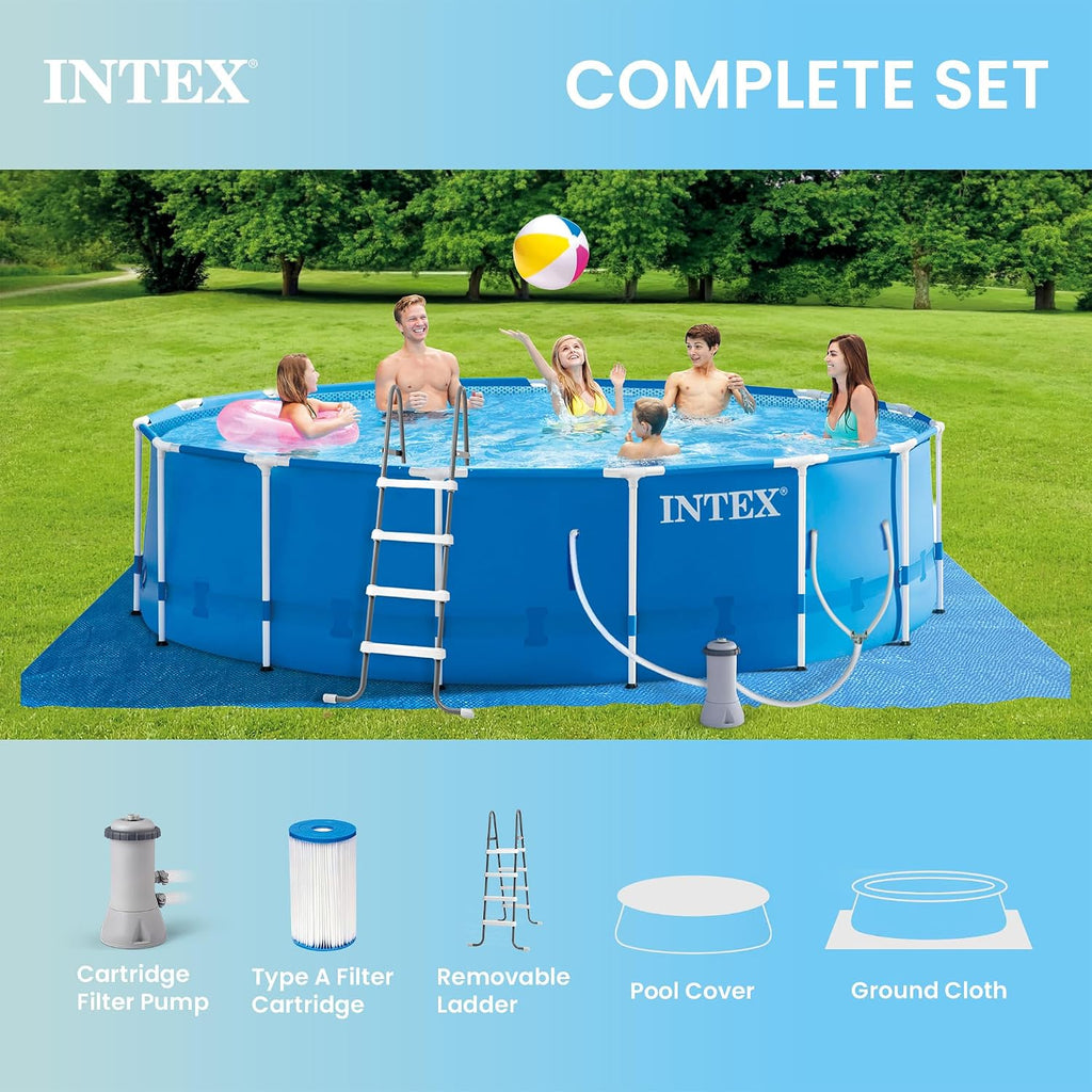 15 Foot by 48 Inch Round Metal Frame Above Ground Swimming Pool Set for Outdoor Use with Filter Pump, Ladder, Ground