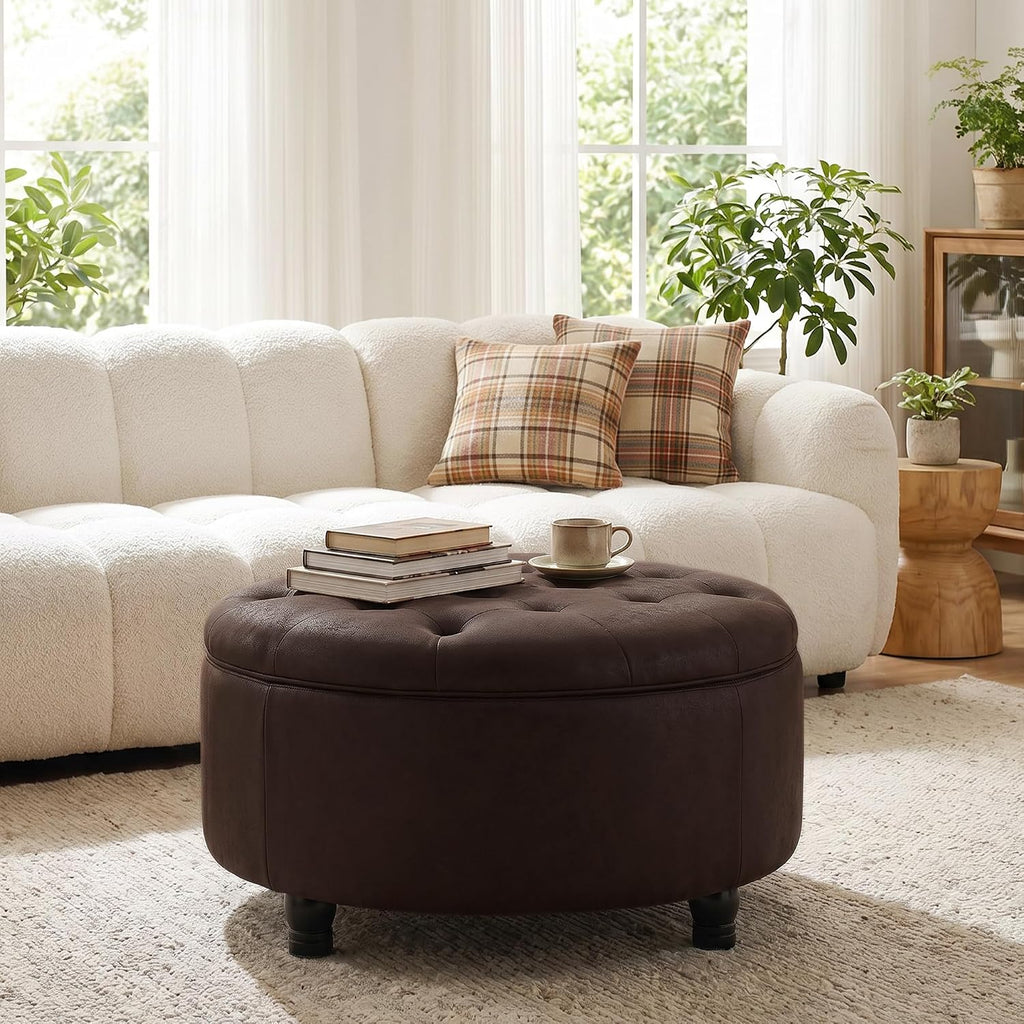 30-Inch Round Ottoman with Storage, Leather Ottoman (Dark Brown) | Button Tufted Ottoman Coffee Table, Storage