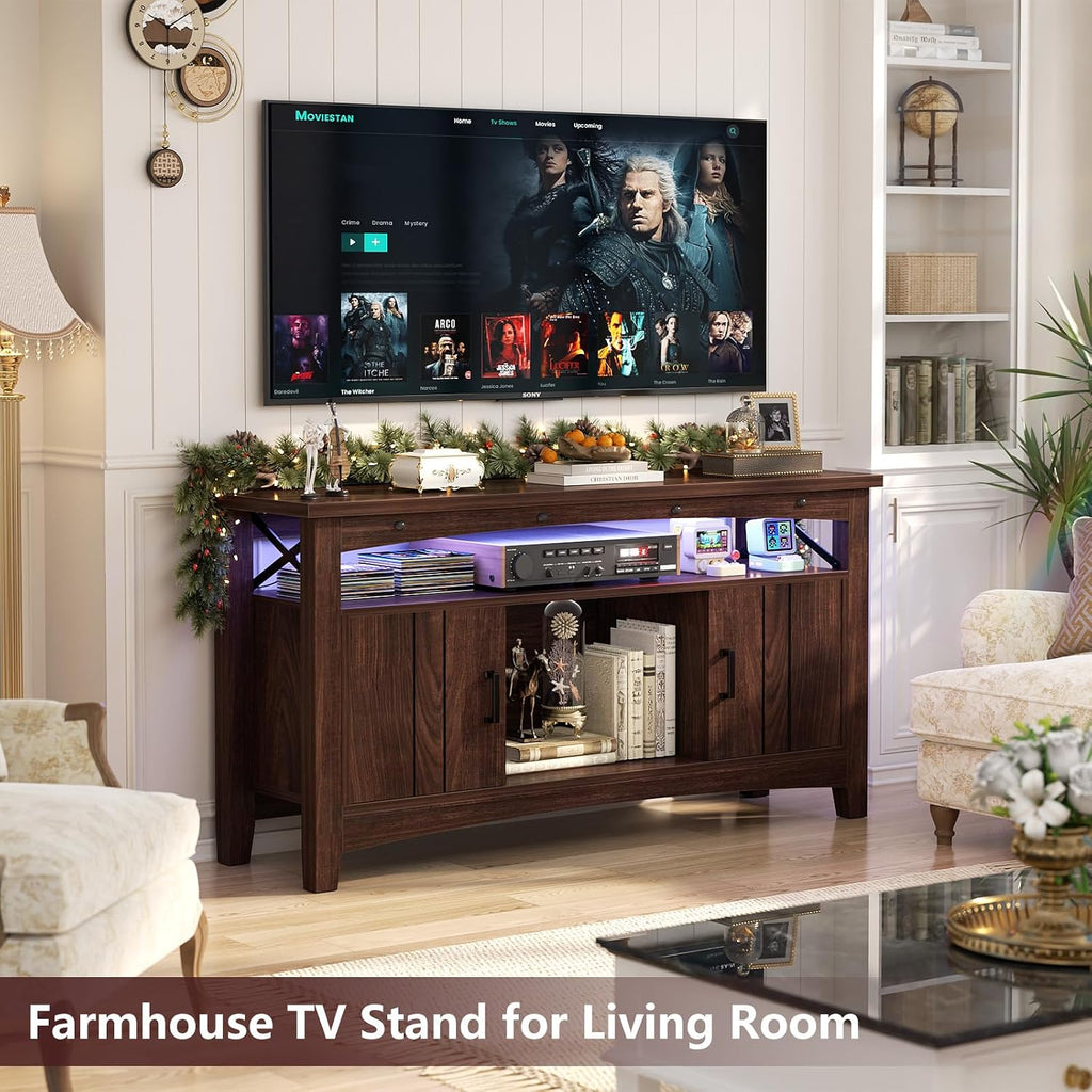 Farmhouse Coffee Bar Cabinet, Liquor Cabinet Bar , Wine Bar Cabinet with LED Lights and Outlets,Wine Cabinet with