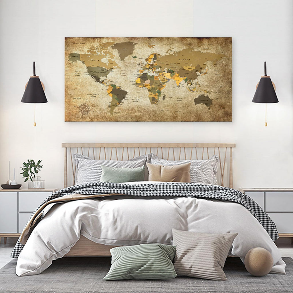 Art World Map Canvas Wall Art Vintage Large Map of The World 20" x 40" Framed Canvas Print Artwork Living Room Wall