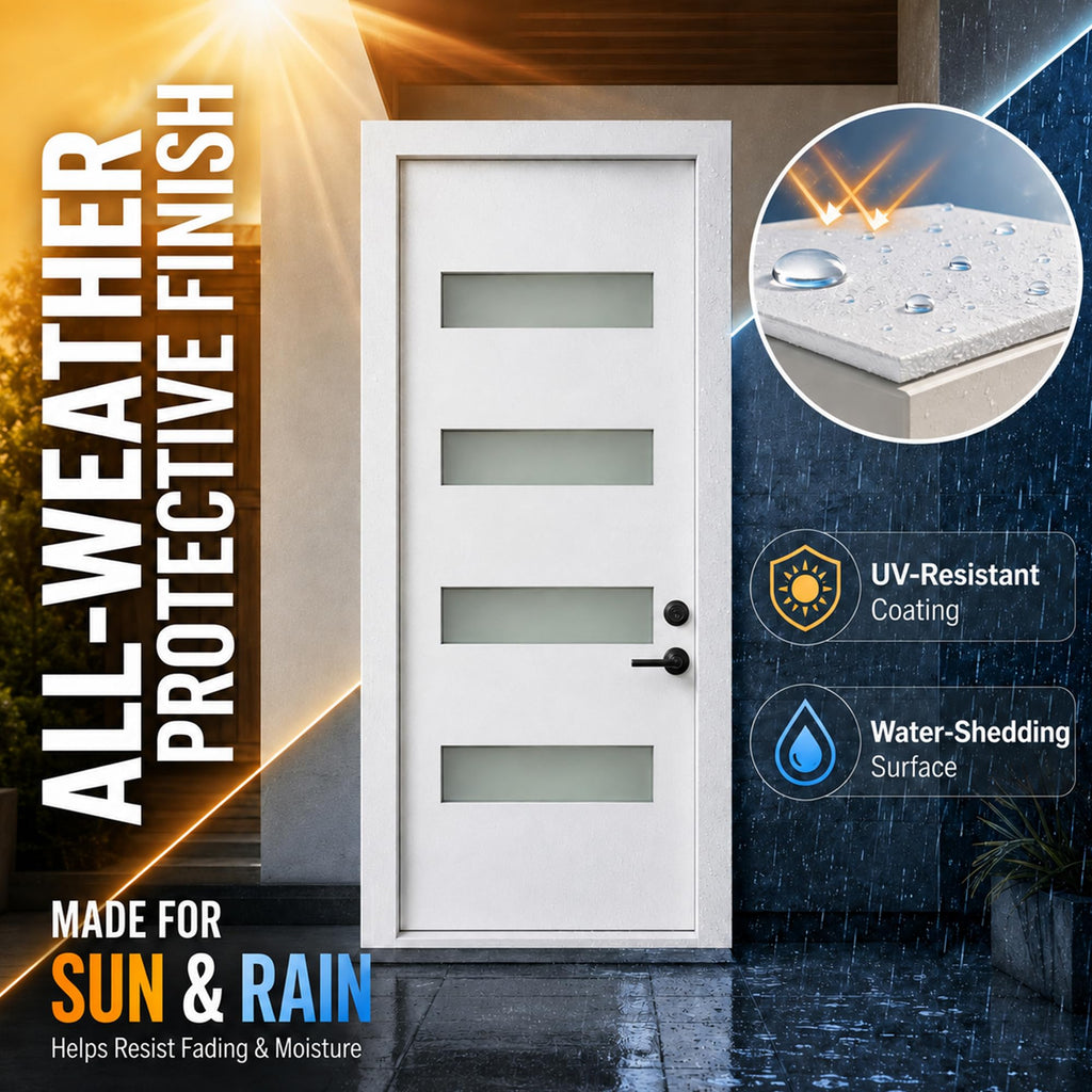 36 x 80 White Fiberglass Front Entry Door, Woodgrain Texture, 4-Lite Frosted Low-E Glass, 4-9/16" Vinyl Frame &