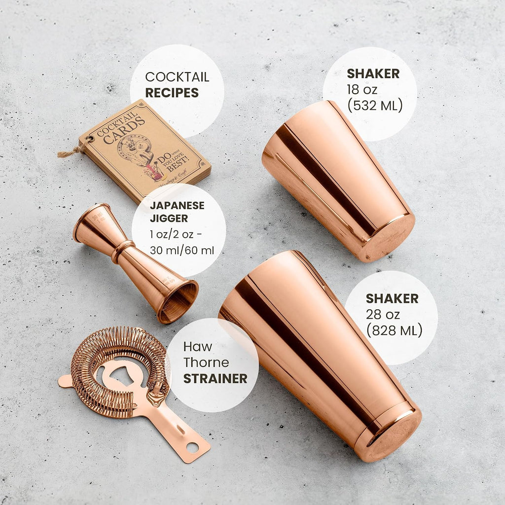 Cocktail Shaker Set Boston Shaker, Strainer and Japanese Jigger, Portable Bar Set Bartending (Copper)