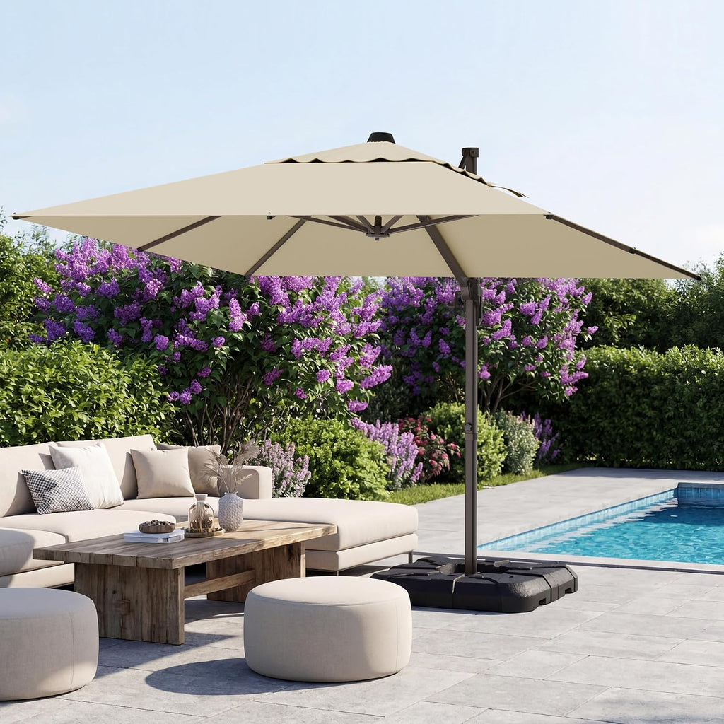 10X10 FT Cantilever Umbrella with Base Included, Large Offset Patio Umbrella 6 Angle Tilts & 360° Rotation