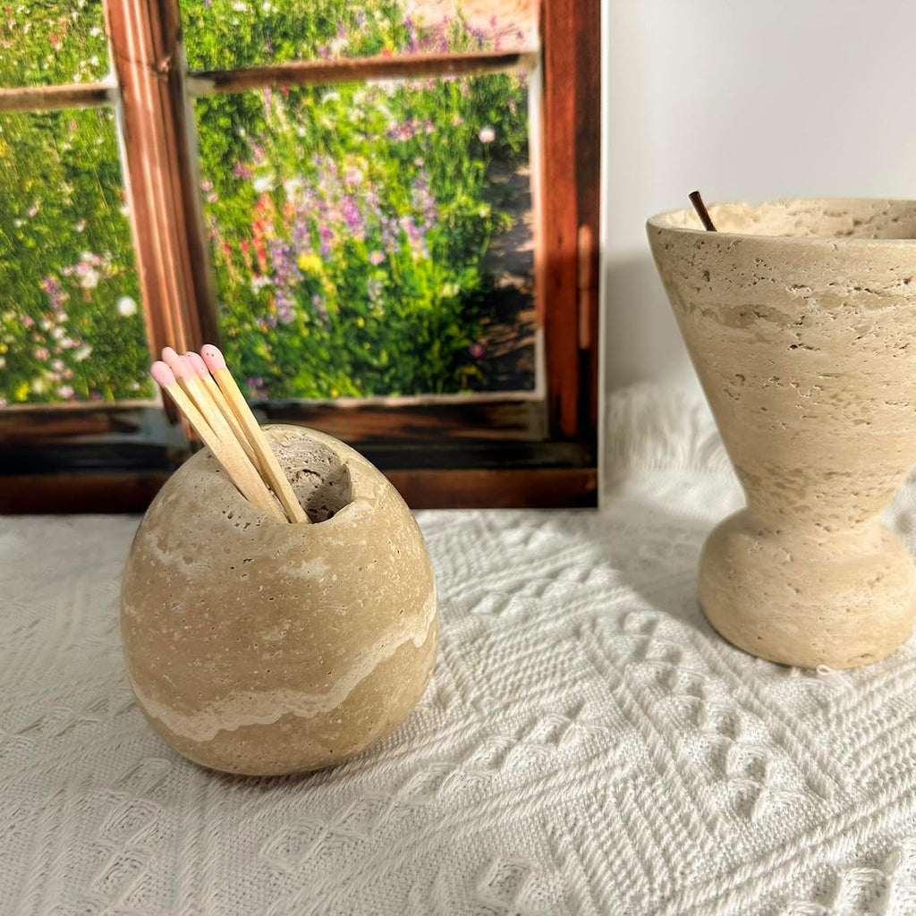 100% Travertine Match Holder |Toothpick Holder | Cute Beige Match Cloche | Matches Jar Box for Candles or Bathroom