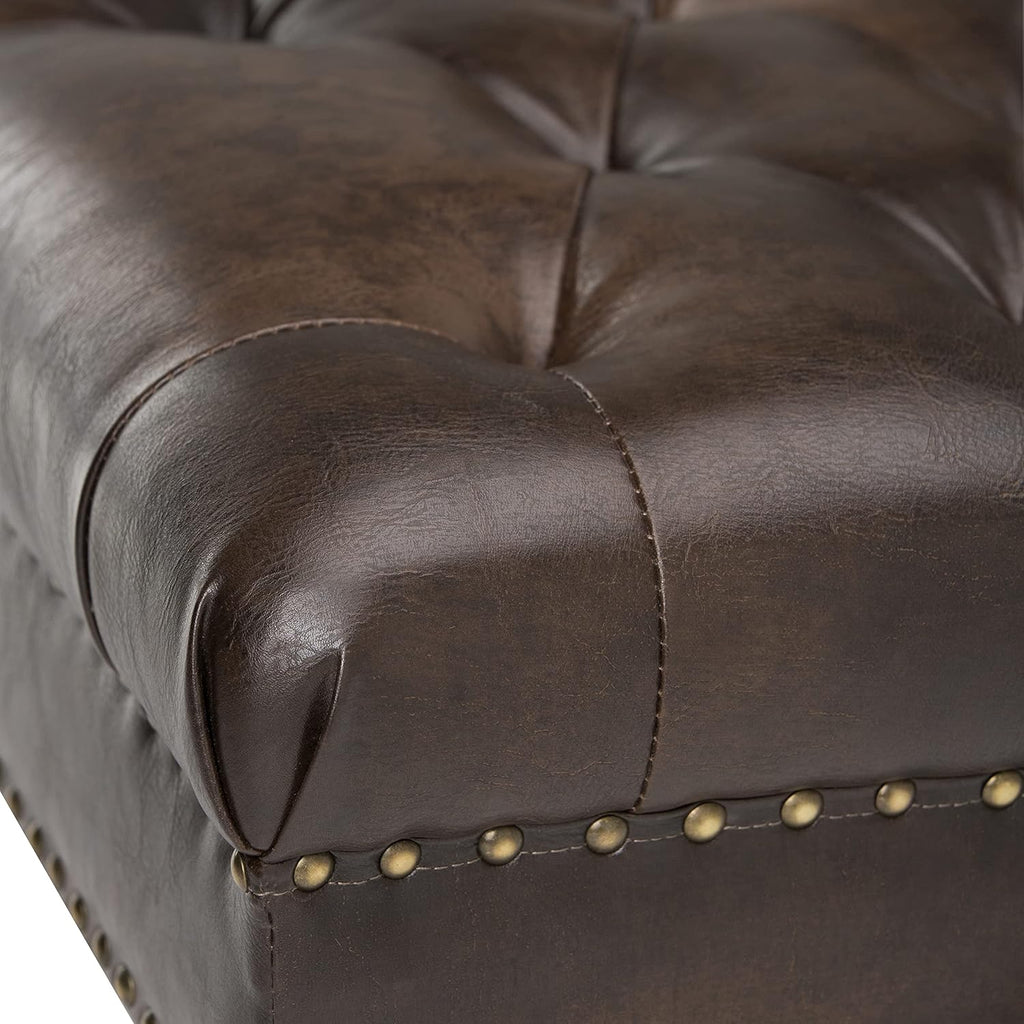 Lacey 41" Wide Vegan Leather Rectangle Ottoman in Saddle Brown | Traditional tufted ottoman bench with nail head trim