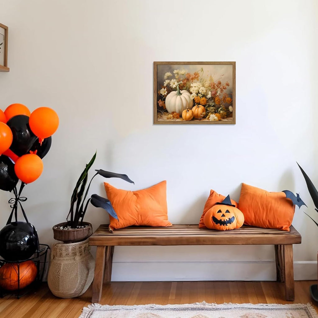Framed Fall Pumpkin Wall Art - White Pumpkin and Autumn Floral Canvas Print, Rustic Farmhouse Harvest Halloween