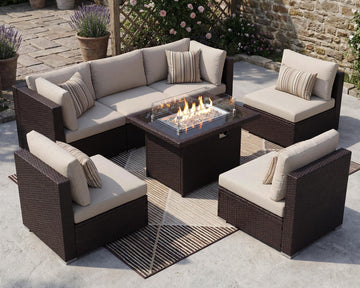 7 Piece Outdoor Patio Furniture Set with Fire Pit Table Natural Gas & Propane Convertible, 29.3'' High Backrest Deep