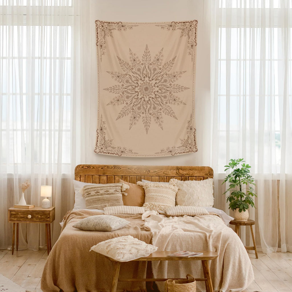 Floral Tapestry Wall Hanging Cute, Boho Wall Tapestry Aesthetic, Mandala Living Room Decor for Teen Girls (Flaxen