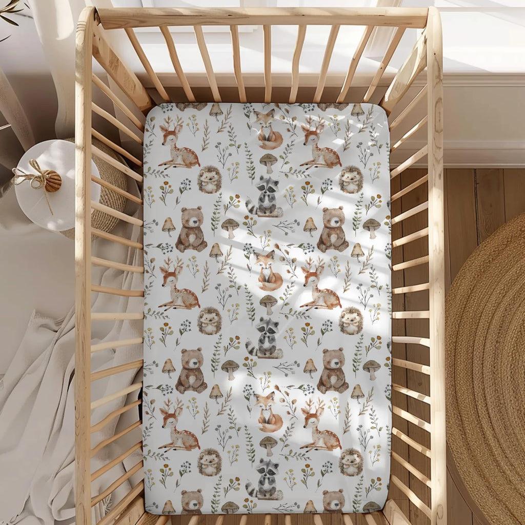 Cute Forest Animals Leaves Mushroom Pattern Baby Sheets for Crib, Unisex Bear Deer Raccoon Hedgehog Nursery Fitted