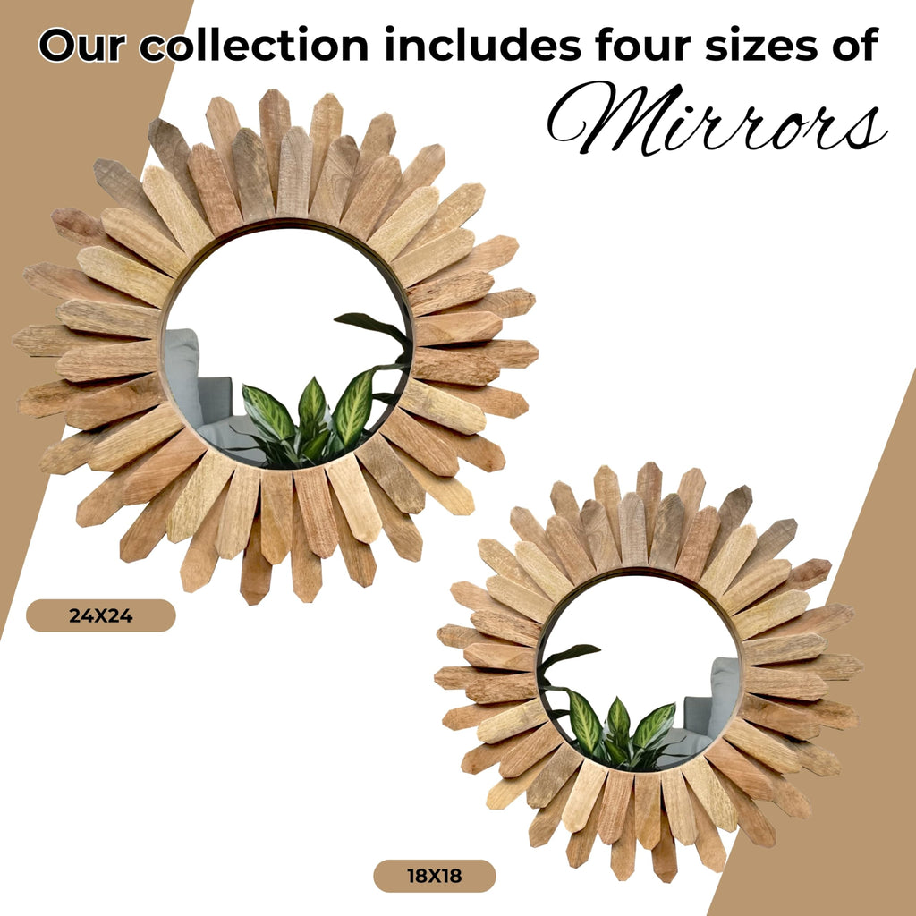 Rustic Round Wood Wall Mirror 18 Inch, Natural Sunburst Mirror for Wall Decor, Boho Farmhouse Decorative Mirror Decor