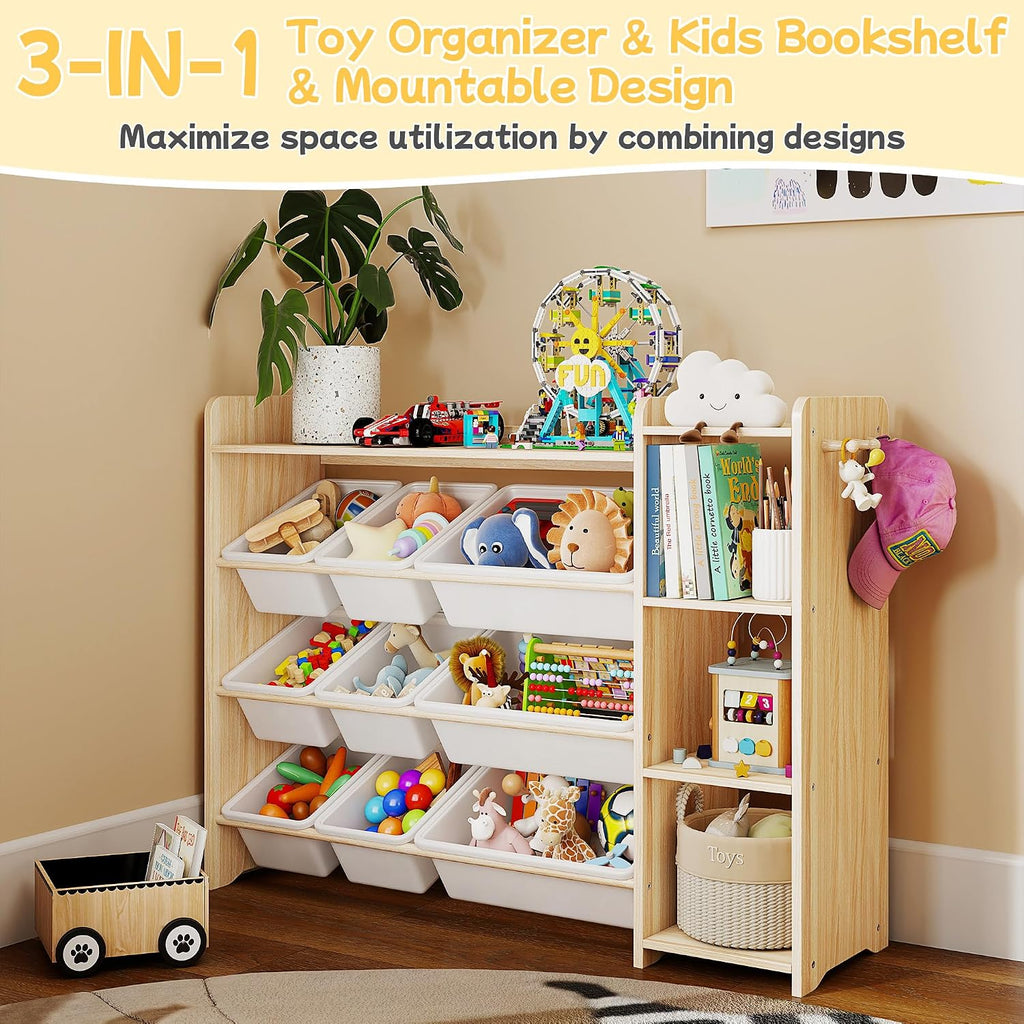 Kids Toy Storage Organizer, Wooden Shelf with 3 Tiers and 9 Storage Bins, Nursery Room Organizer for Books and Toys
