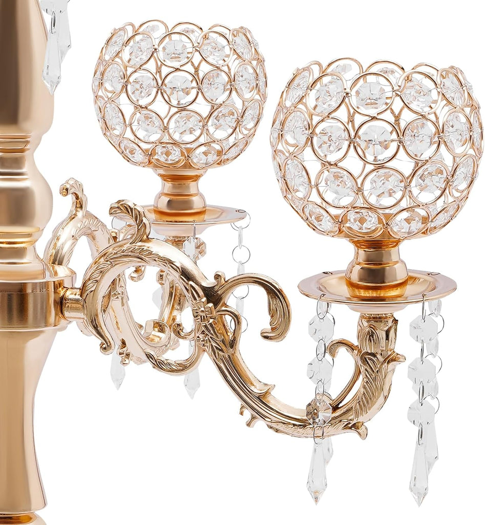 Gold Centerpieces for Table, 5 Arm Crystal Candelabra Holder with Pendant, 4 Candle Slots & 1 Flower Vase, Table