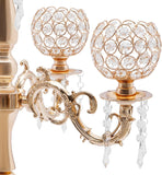 Gold Centerpieces for Table, 5 Arm Crystal Candelabra Holder with Pendant, 4 Candle Slots & 1 Flower Vase, Table
