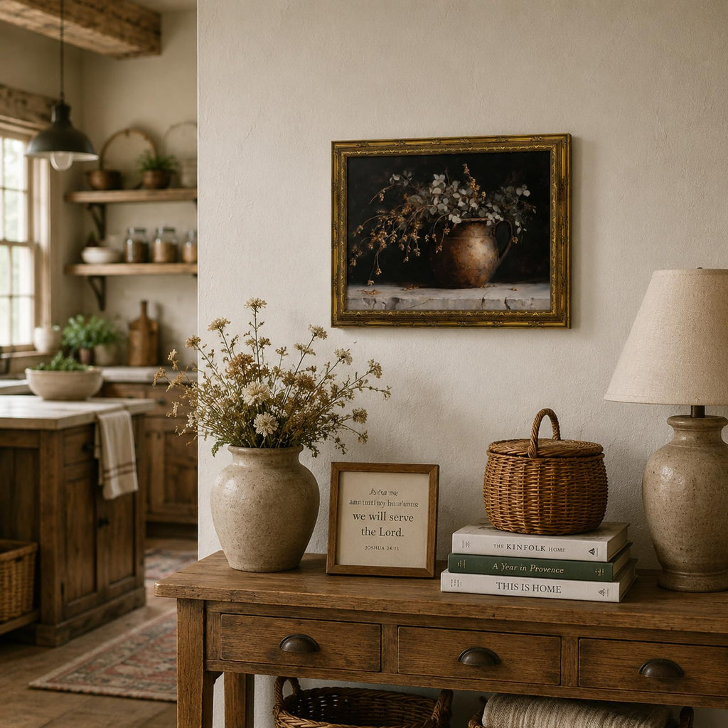 Gold Framed Vintage Eucalyptus Canvas Wall Art Rustic Farmhouse Copper Vase Botanical Pictures Print Moody Autumn