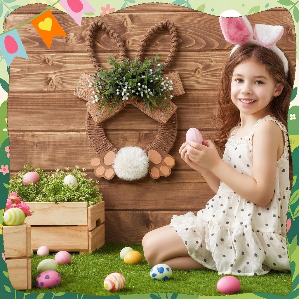 18 Inch Easter Bunny Wreath Spring Artificial Flower Rabbit Rattan Wreath with Rabbit Tail Feet Green Twig