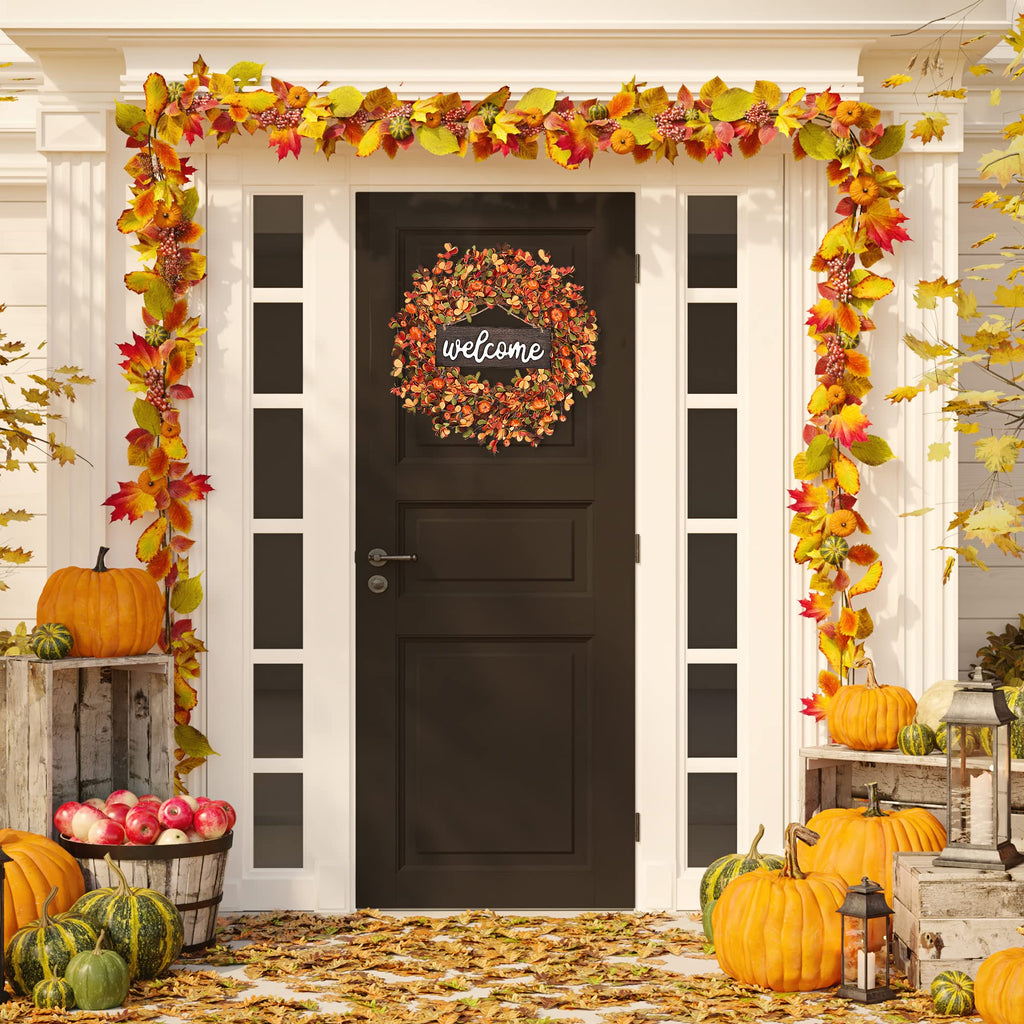 Fall Wreath 20'' Autumn Front Door Harvest with Small Pumpkin Berry Round Leaves Decorations for Outside Indoor Wall