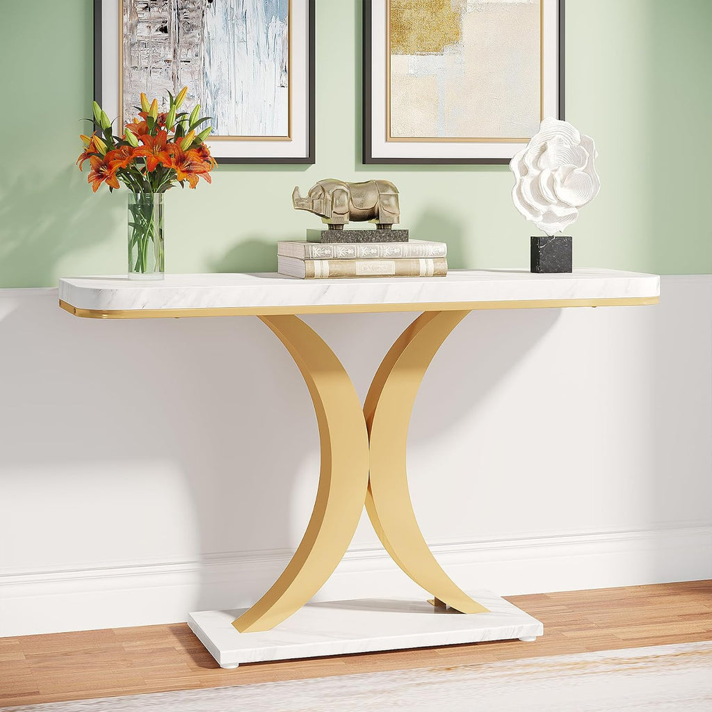 Modern Gold Console Table, 40 inch Narrow Entryway Foyer Table with Geometric Base, Rustic Hallway Accent Table