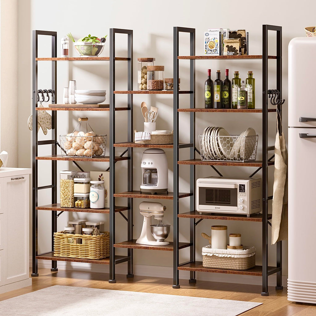 Triple 5 Tier Bookshelf with 14 Display Shelves, Rustic Brown