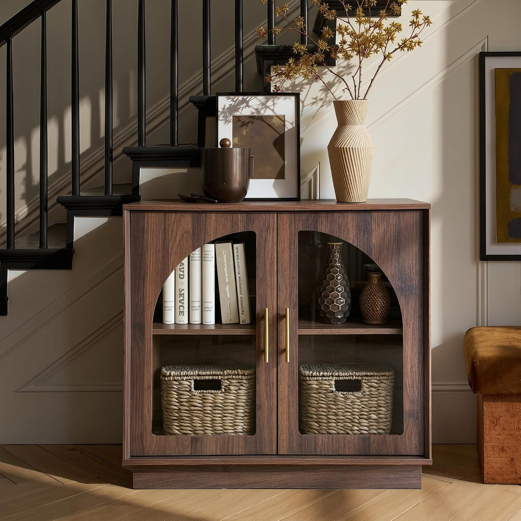 31.5" Sideboard Buffet Cabinet with Arched Glass Doors | Modern Accent Cabinet, Modular Media Console with Storage