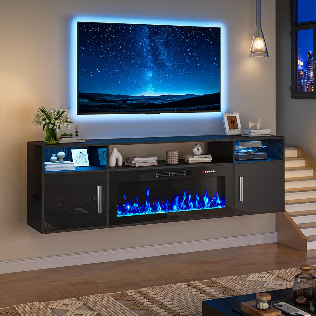 70" Floating TV Stand with Fireplace, Wall Mounted Entertainment Center with Storage for TVs up to 80", Modern Media