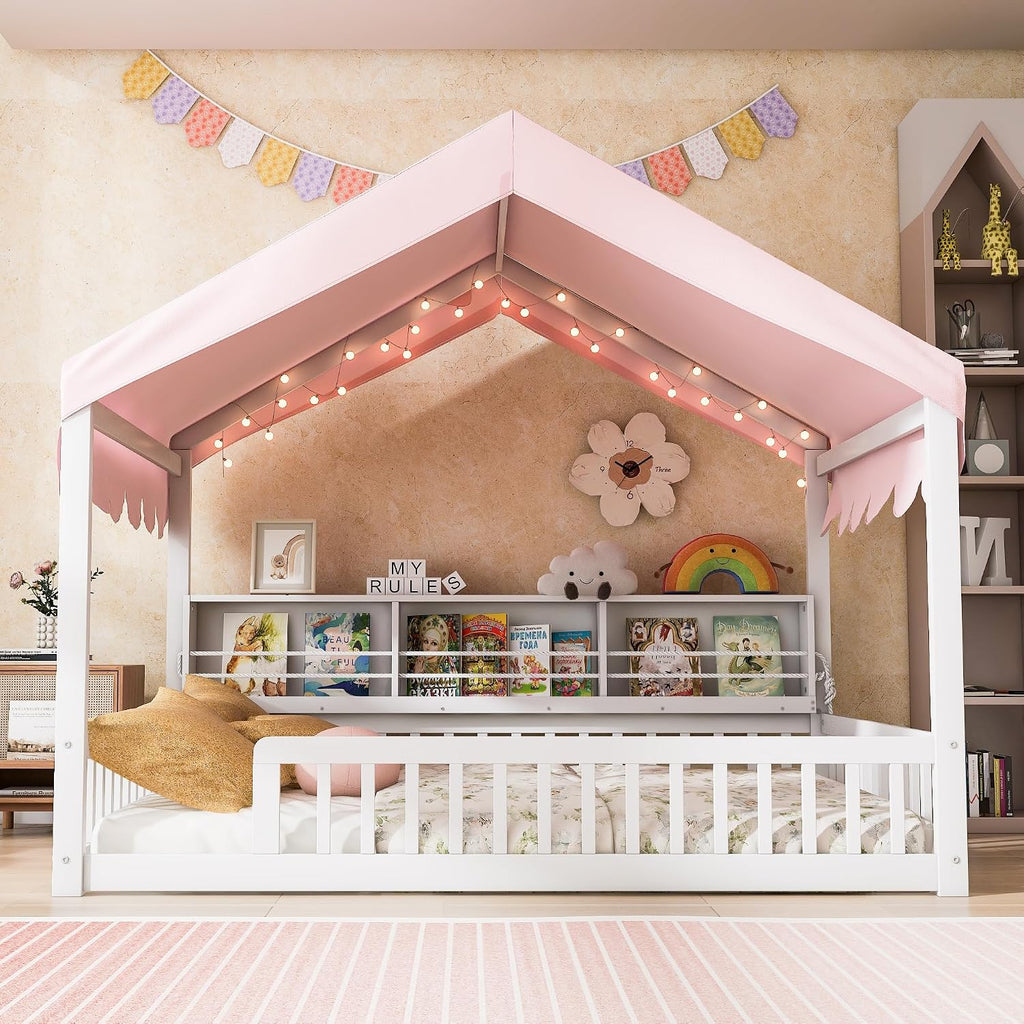 Montessori Floor Bed for Kids Toddler, House Shaped Kids Bed Frame with Safety Guardrail, Curtain &