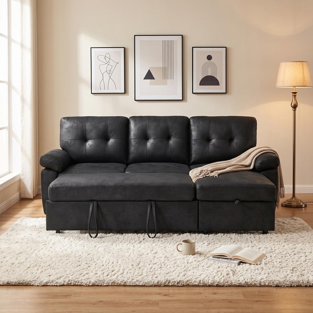 88.5" Convertible Sofa Bed with Storage Chaise, L-Shaped Sectional Sleeper Sofa with Reversible Chaise, Faux Leather