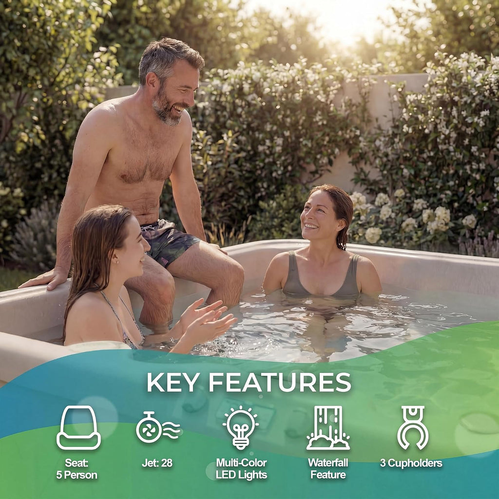 5-Person Plug & Play 28-Jet Hot Tub Spa and Thermal Cover, Sand | 28-Jet Square Outdoor Spa with Thermal Cover