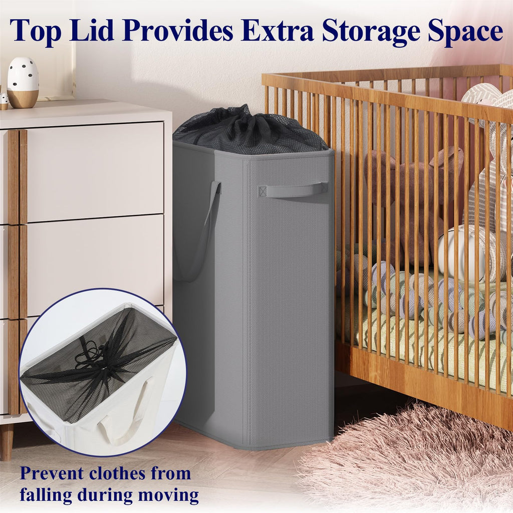 50L Slim Laundry Hamper, Small Laundry Hamper With Handles, Narrow Laundry Basket , Collapsible Laundry Basket, Grey