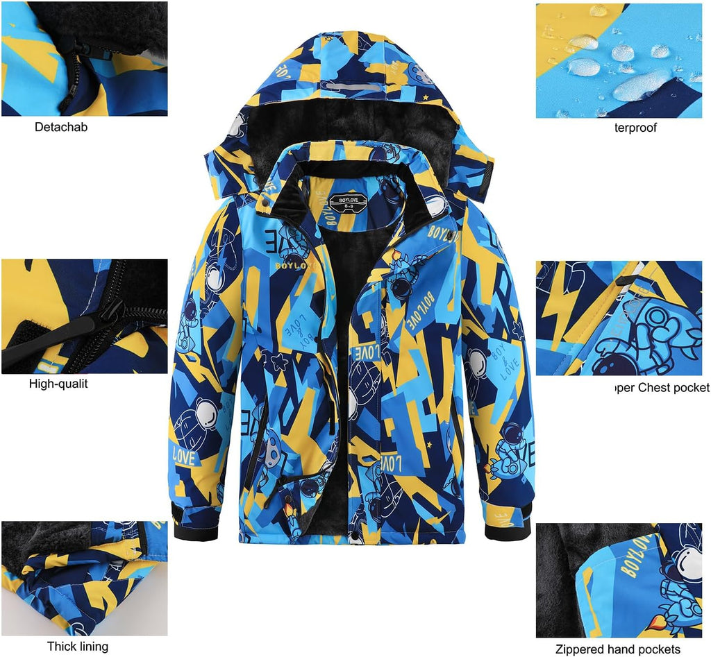 Boy's Ski Jackets Waterproof Winter Coat Fleece Windproof Snowboarding Jacket with Detachable Hood