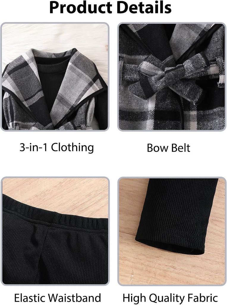 Kid Girls Clothes 3 Piece Outfits Plaid Flannel Belted Vest & Long Sleeve Top and Pants- Fall Clothing Sets