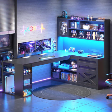61" Farmhouse L Shaped Gaming Desk with Drawers, Bookshelf Storage | Computer Desk with Storage Shelves and Power