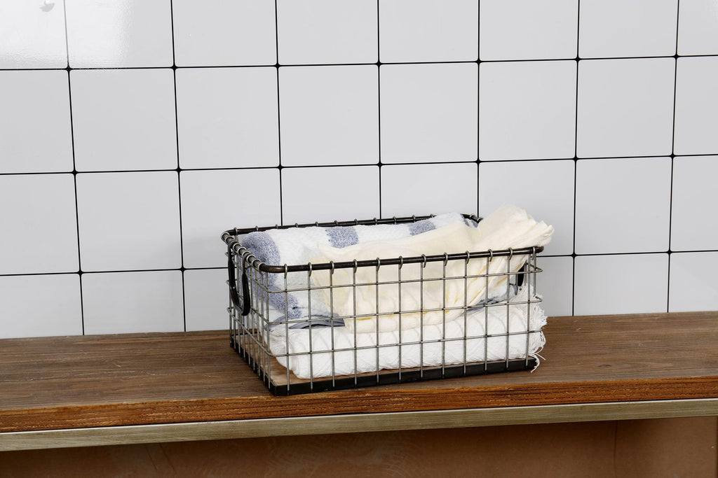 16" Wide Rectangular Sturdy Hand Welded Farmhouse Metal Wire Basket with Rustic Wooden Bottom For Shelves, Closet