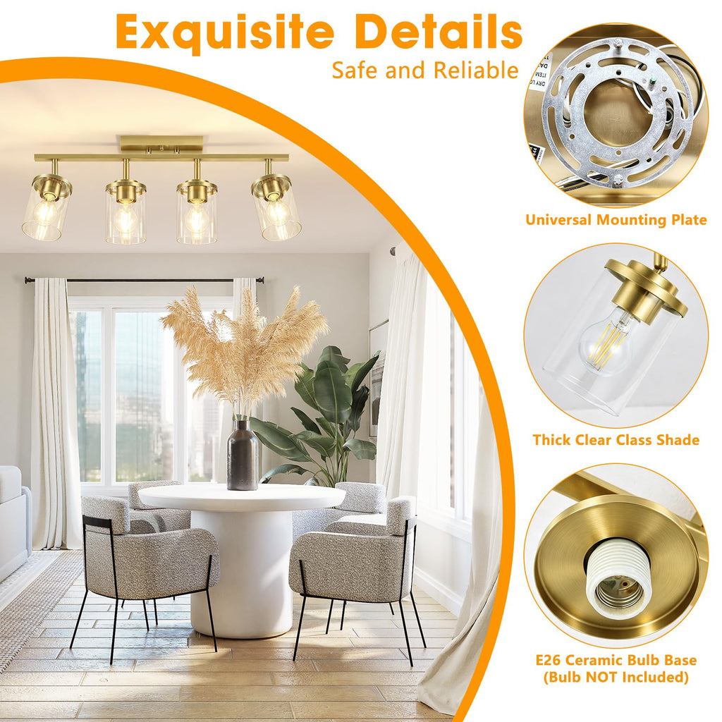 Kitchen Track Lighting Fixtures Ceiling, Gold Semi Flush Mount Ceiling Light with Clear Glass