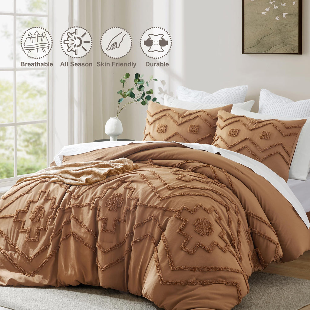 Tufted Boho Queen Comforter Set, Pumpkin, 3 Pieces