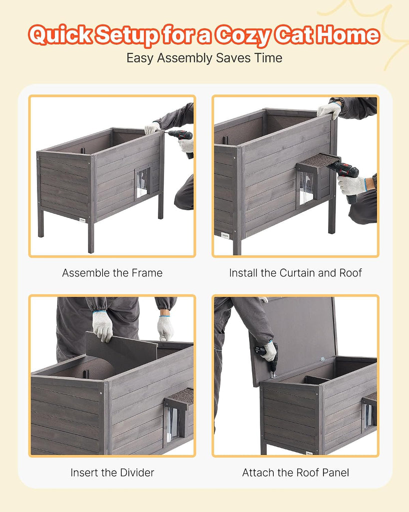 Heated Outdoor Cat House, Insulated Wooden Cat House for Cats, Waterproof Feral Kitty Shelter with Heating Pad, PVC