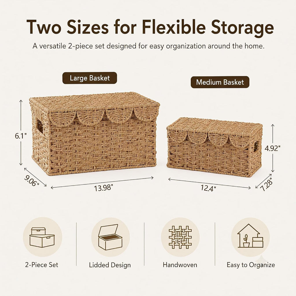 Set of 2 Scalloped Wicker Baskets with Lid,Paper Rope Decorative Storage Baskets for Shelves, Display Shelf, Handmade