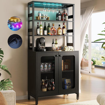Bar Cabinet with Power Outlets, 67" Tall Wine Bar Cabinet, Black | Liquor Cabinets with LED Lights and Glass Holder