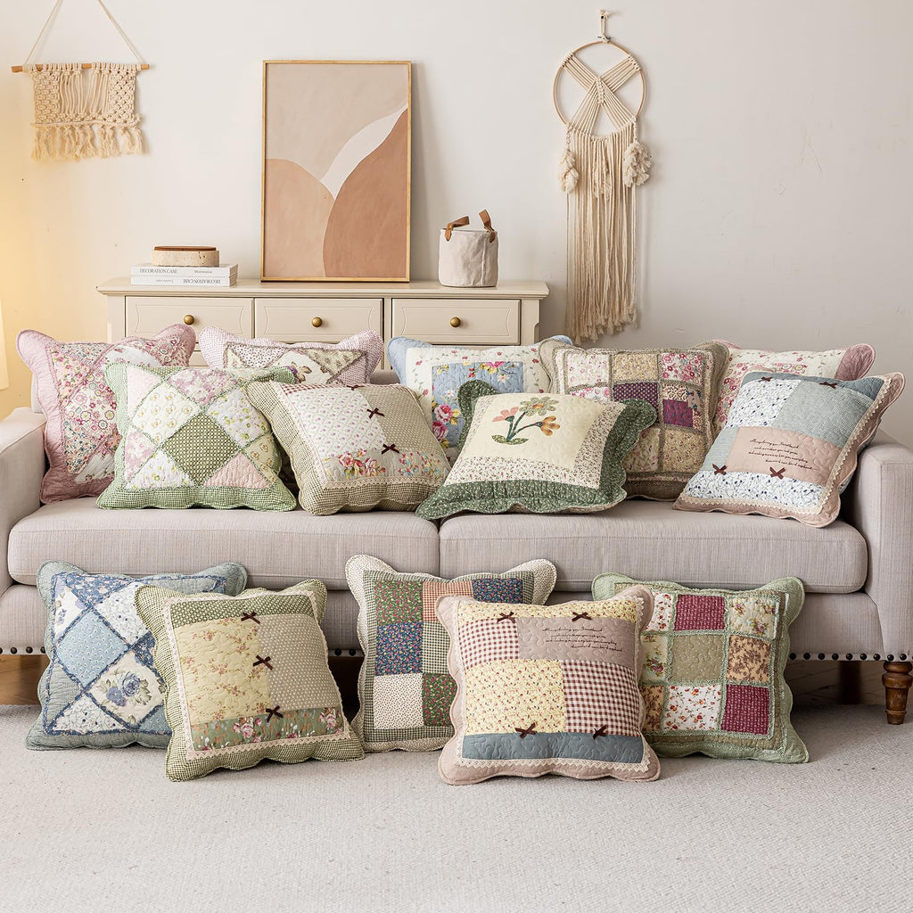 Fall Set of 2 Quilted 100% Cotton Boho Throw Pillow Covers 18" x 18" Farmhouse Country Floral Patchwork Decorative