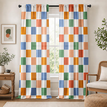 Colorful Checkered Curtains, Rod Pocket 60s 70s Semi Sheer Curtains Farmhouse Retro Checkerboard Light Filtering