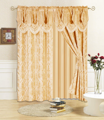 New 4 Piece Drape Set with Attached Valance and Sheer with 2 Tie Backs Included (96" Length, Gold)
