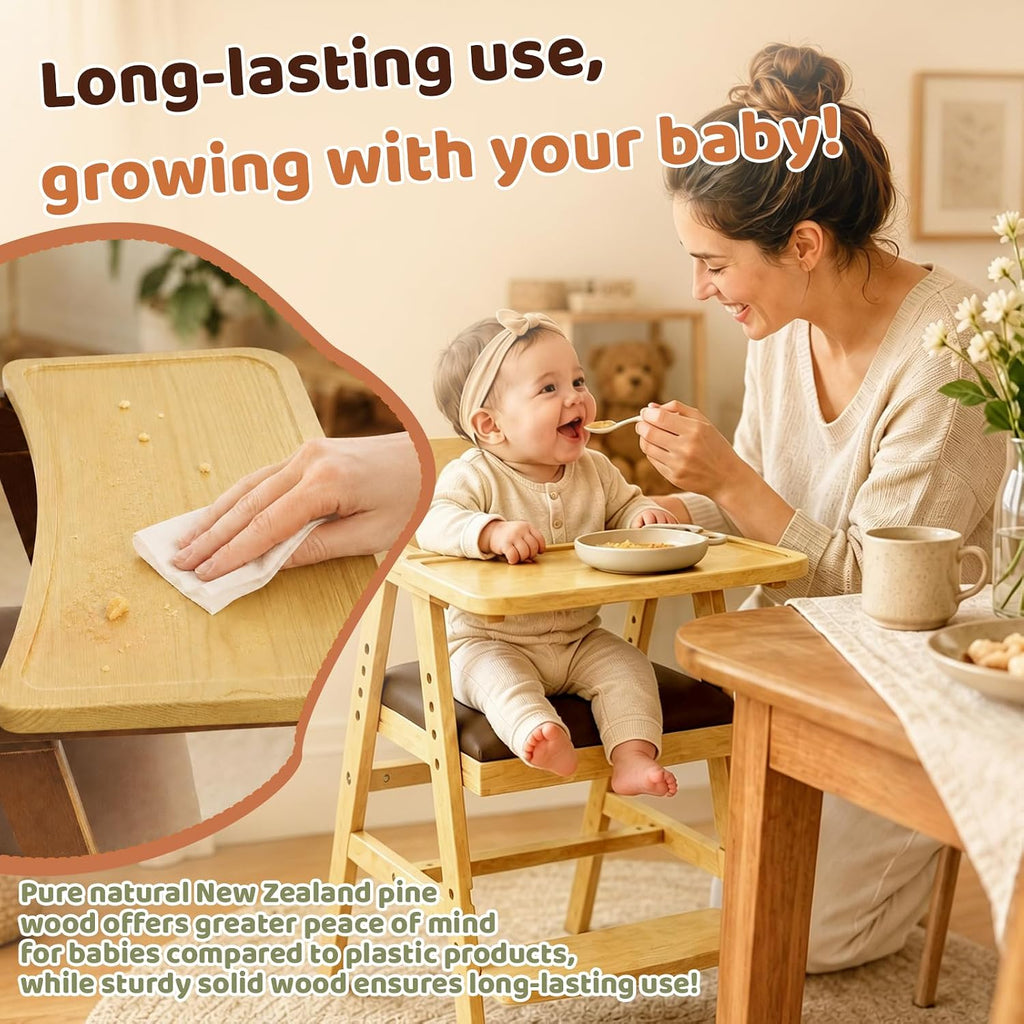 3-in-1 Wooden High Chair for Baby & Toddler with Adjustable Tray, Natural | Ergonomic Design, Built-in Foot Steps