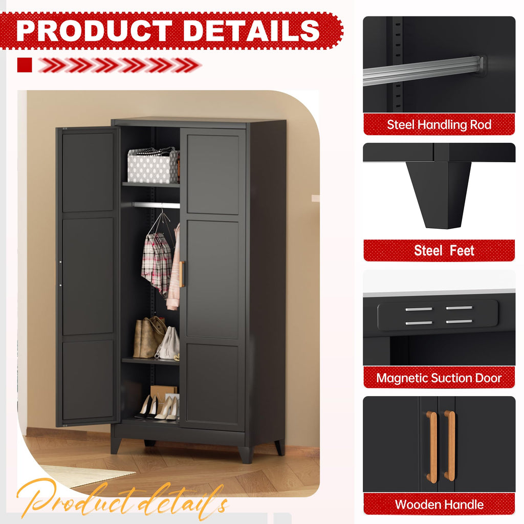Metal Wardrobe Closet, 72" H Bedroom Armoires with Wooden Handle, Metal Cabinet with Adjustable Shelves and Hanging