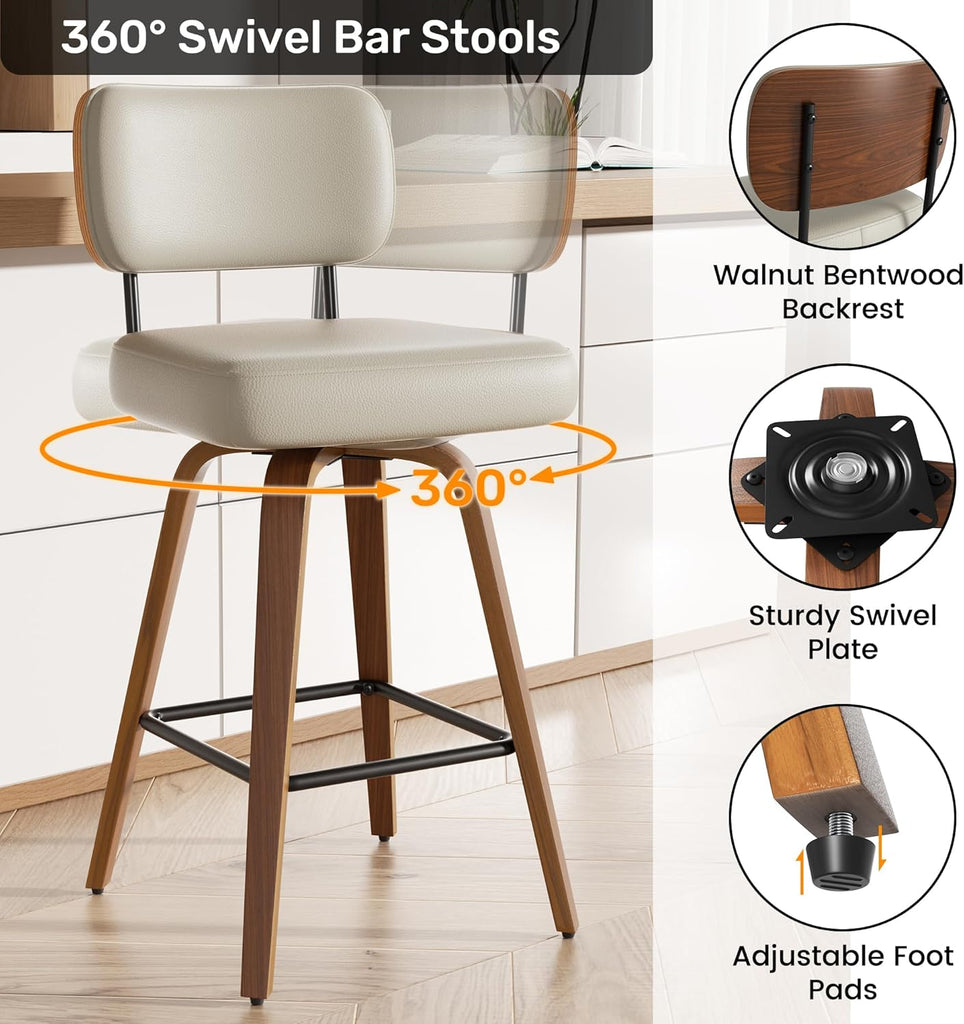 Swivel Bar Stools Set of 4, 26" Upholstered Faux Leather Counter Height Barstools with Walnut Back & Bentwood Legs