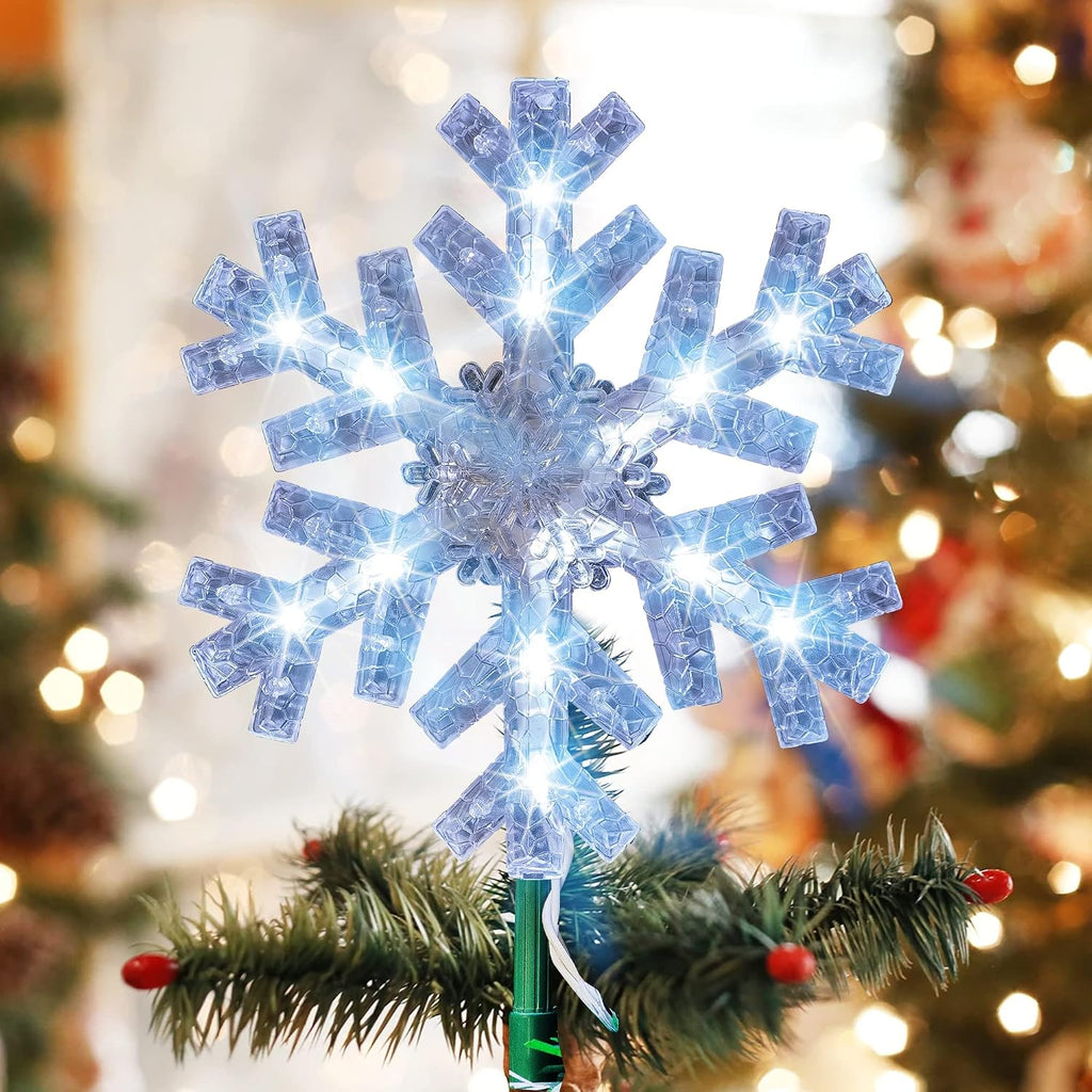 Snowflake Christmas Tree Topper, 9 inch Christmas Tree Topper Ornament with 15 White LED Lights, Lighted Tree Topper