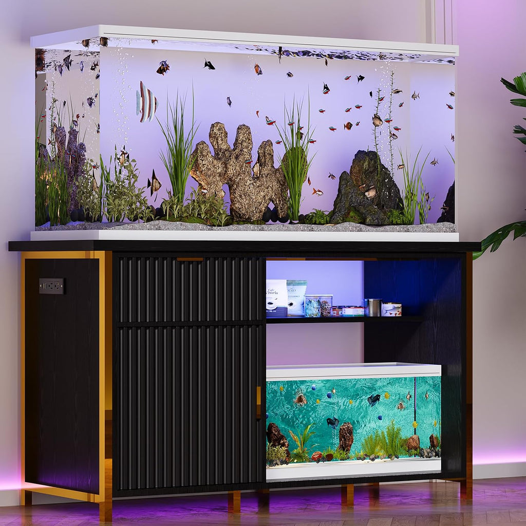 55 Gallon Fish Tank Stand with Power Outlets, Black and Gold Aquarium Stand