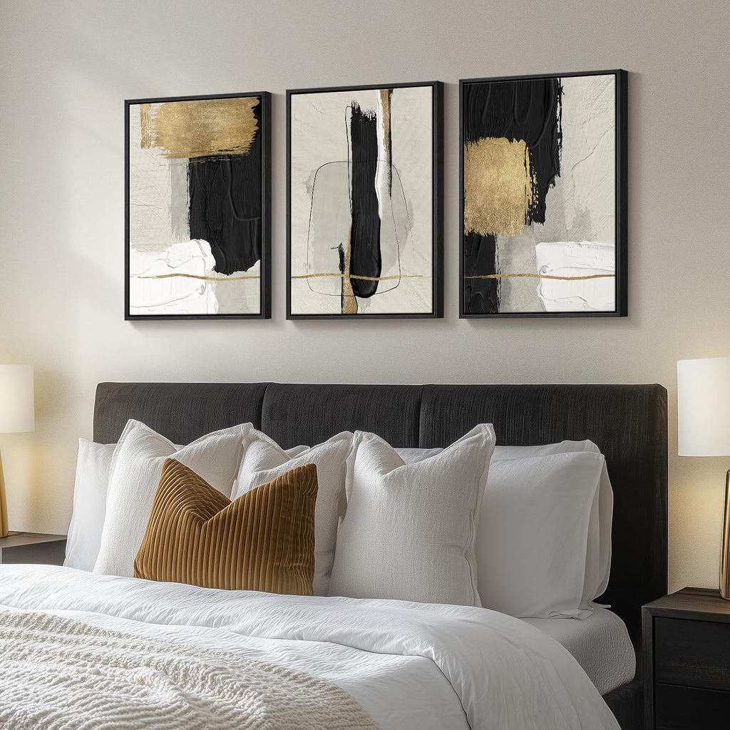 Framed Black and White Abstract Wall Art, 3 Piece Canvas Prints Paintings Artwork for Walls, Modern Minimalist Gold