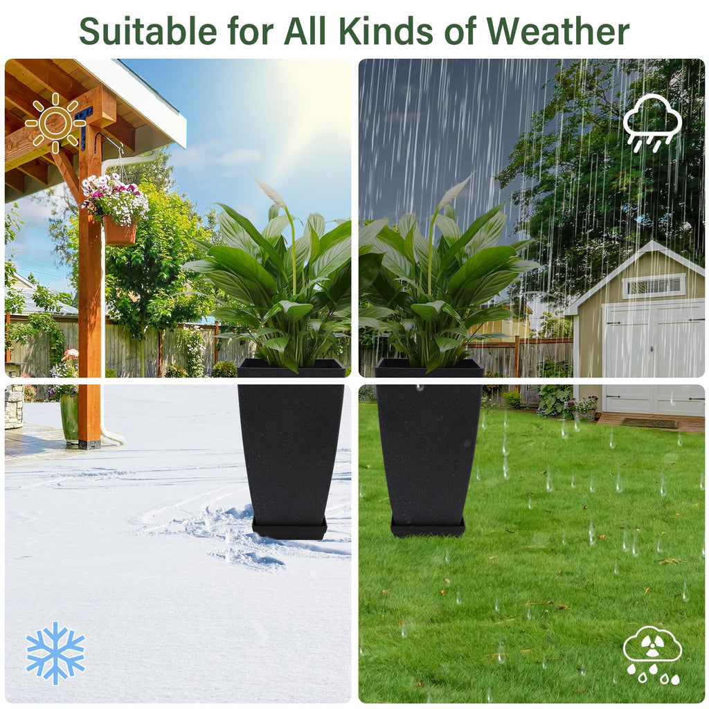Set of 2 Tall Planter, 21 inch Large Plastic Planter, Cement Gray