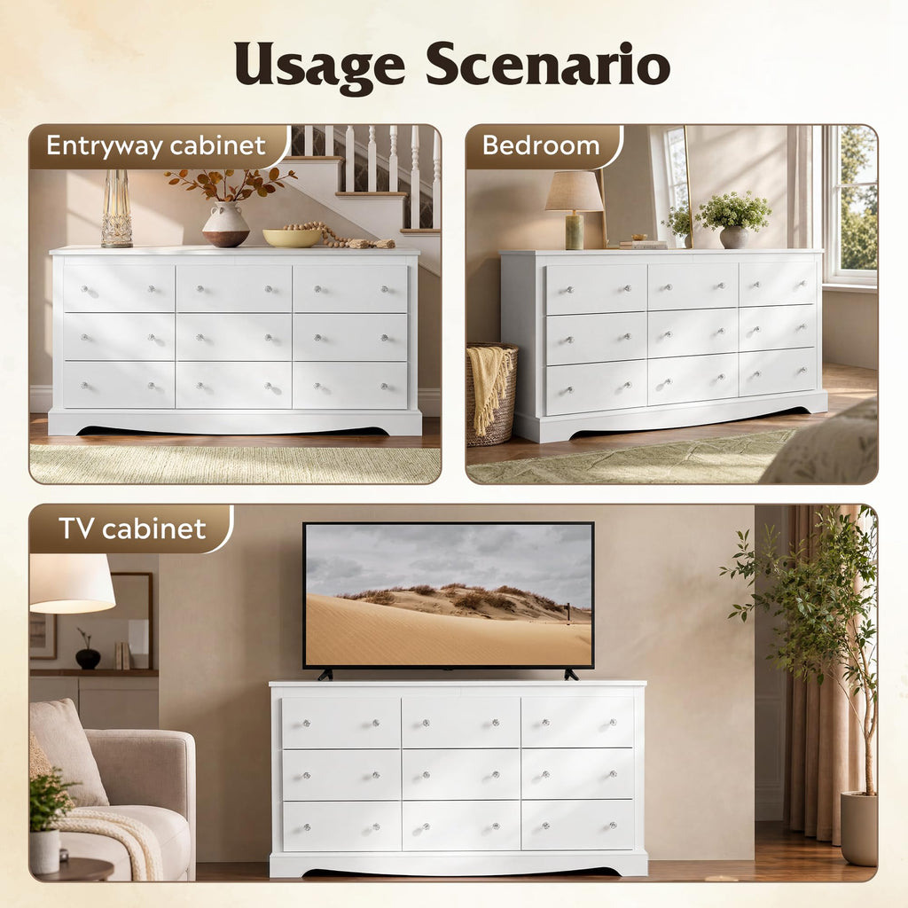 63" Dresser, Modern 9 Drawer Dresser with Exclusive Anti-Tip Structure, Large Wooden Chest of Drawers with Metal
