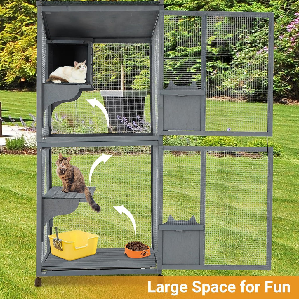 69 in Wooden 4-Tier Cat Catio Enclosure - Indoor/Outdoor Cat Playpen